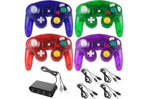 POULEP 4 Pack Wired Transparent Gamecube Controllers with 4 Port USB Adapter and 4 Pcs Extension Cord Set for Game Cube, Switch, WII, Wii U Console, PC (Clear Black Purple Blue Green)