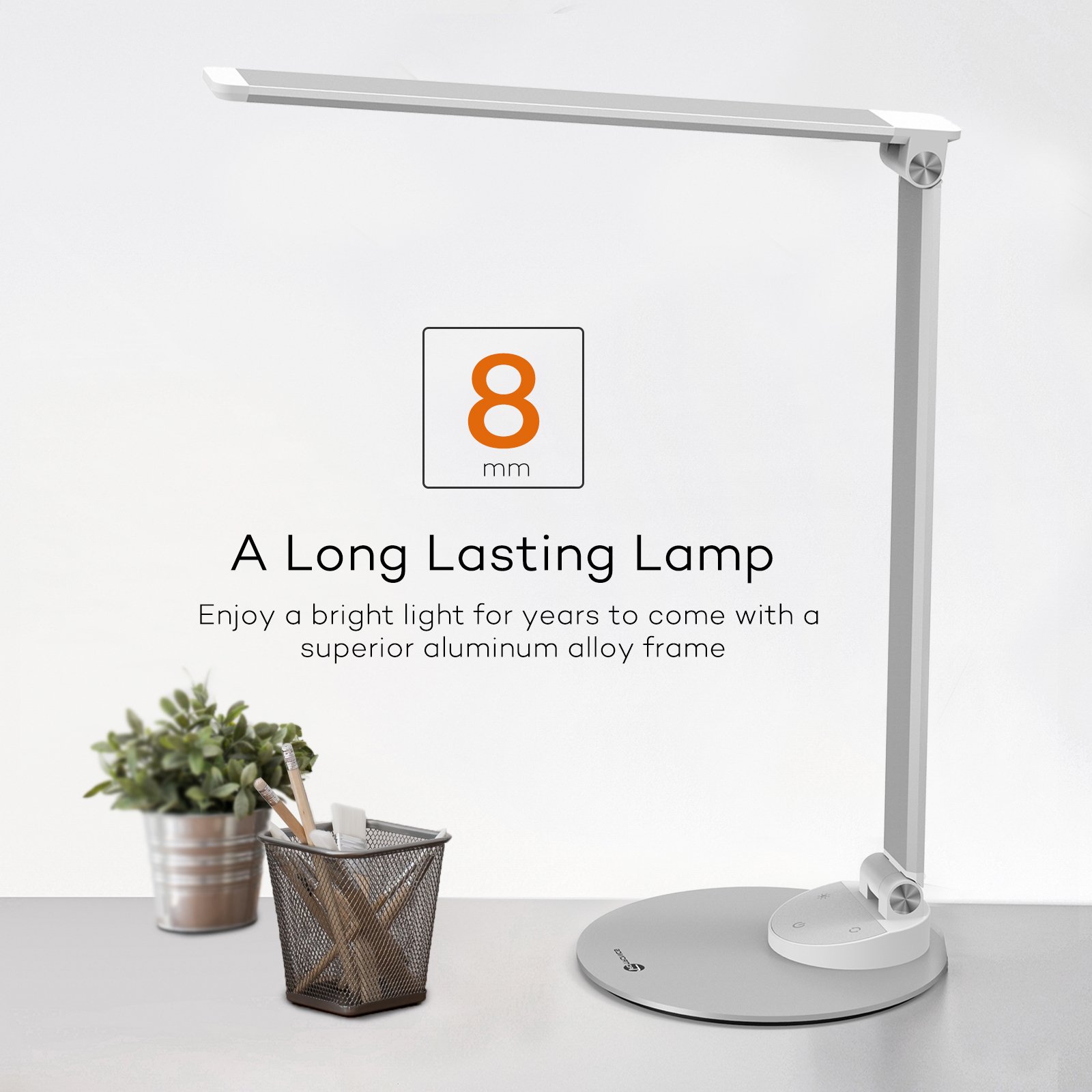 TaoTronics LED Desk Lamp with USB Charging Port, Eye- Care Dimmable Lamp, Metal, Glare-Free, 5 Color Temperatures with 5 Brightness Levels, Touch Control, Memory Function