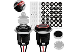 FILN 2-Pack 19mm Red LED Latching Push Button Switch, 12V-24V Wide Voltage 20A IP67 Waterproof Power Switch with 180 Symbols for Car Truck Boat