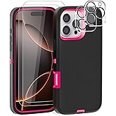 GYJ Gase for iPhone 16 Pro Case 6.3" with 2 Screen Protector + 2 Camera Lens Protector, Full Body Heavy Duty Military Grade Cover, Shockproof/Drop Proof Protection Phone Case (Black Hot Pink)