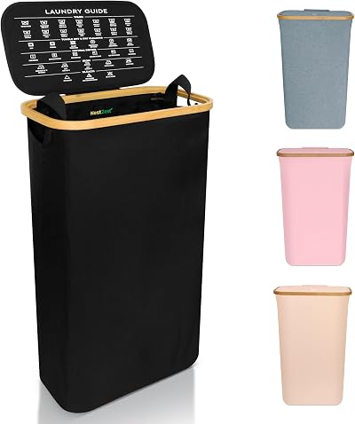Nest Zest 60L Slim Laundry Basket with Lid Black Bamboo Rim Oxford Fabric