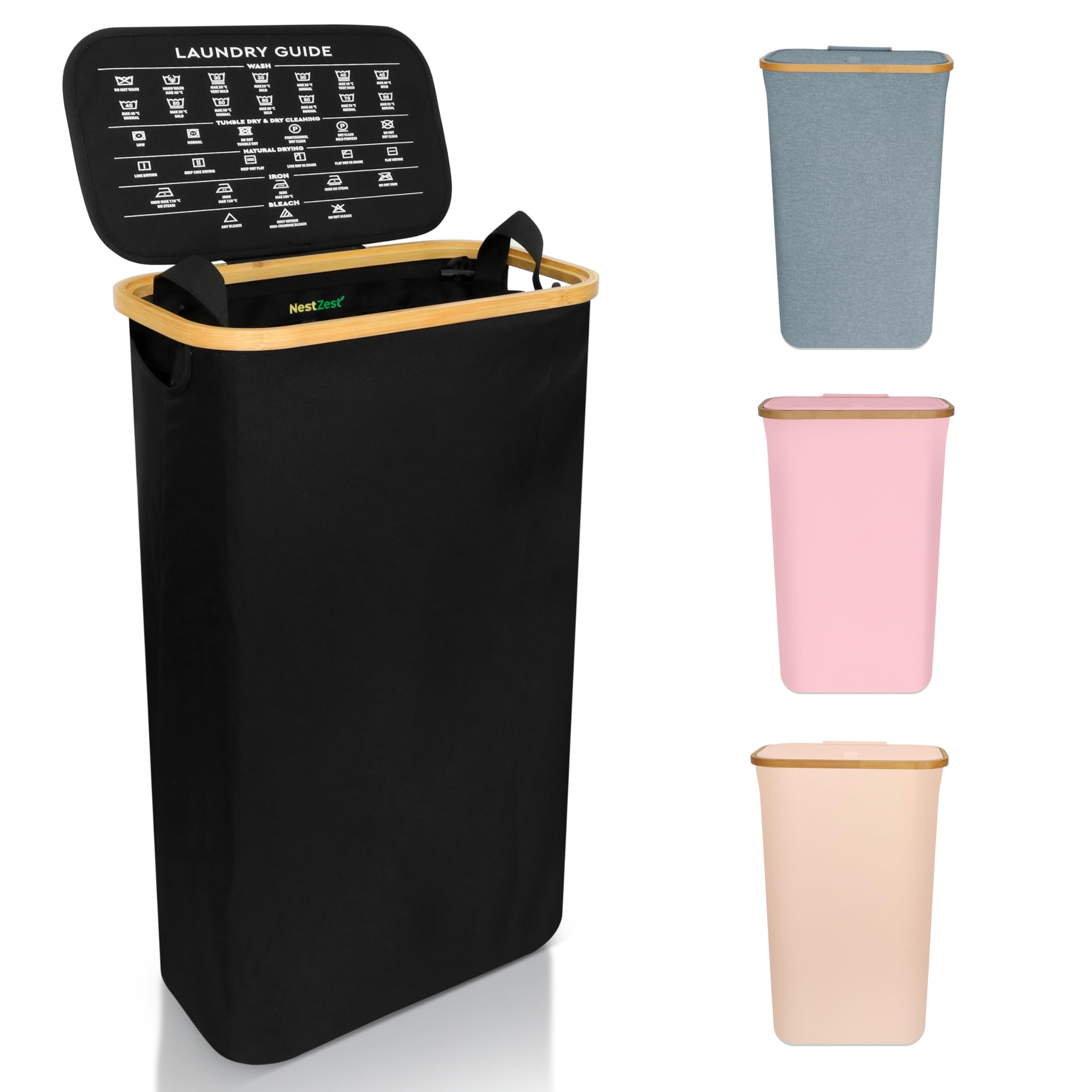 Nest Zest 60L Slim Laundry Basket with Lid, Washing Basket for Laundry, Hamper style Linen Bin with Care Guide & Removable Inner Bag, Dirty Clothes Bin with Sturdy Bamboo Rim and Oxford Fabric (Black)