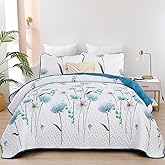 Dinjoy Floral Quilt Set Queen Size,Teal Bedspread Coverlet Botanical 3 Pieces Summer Quilts Microfiber Lightweight Blue Bedspreads White Soft Reversible Cute Bed Cover Sets for Fall Winter (96"x90")