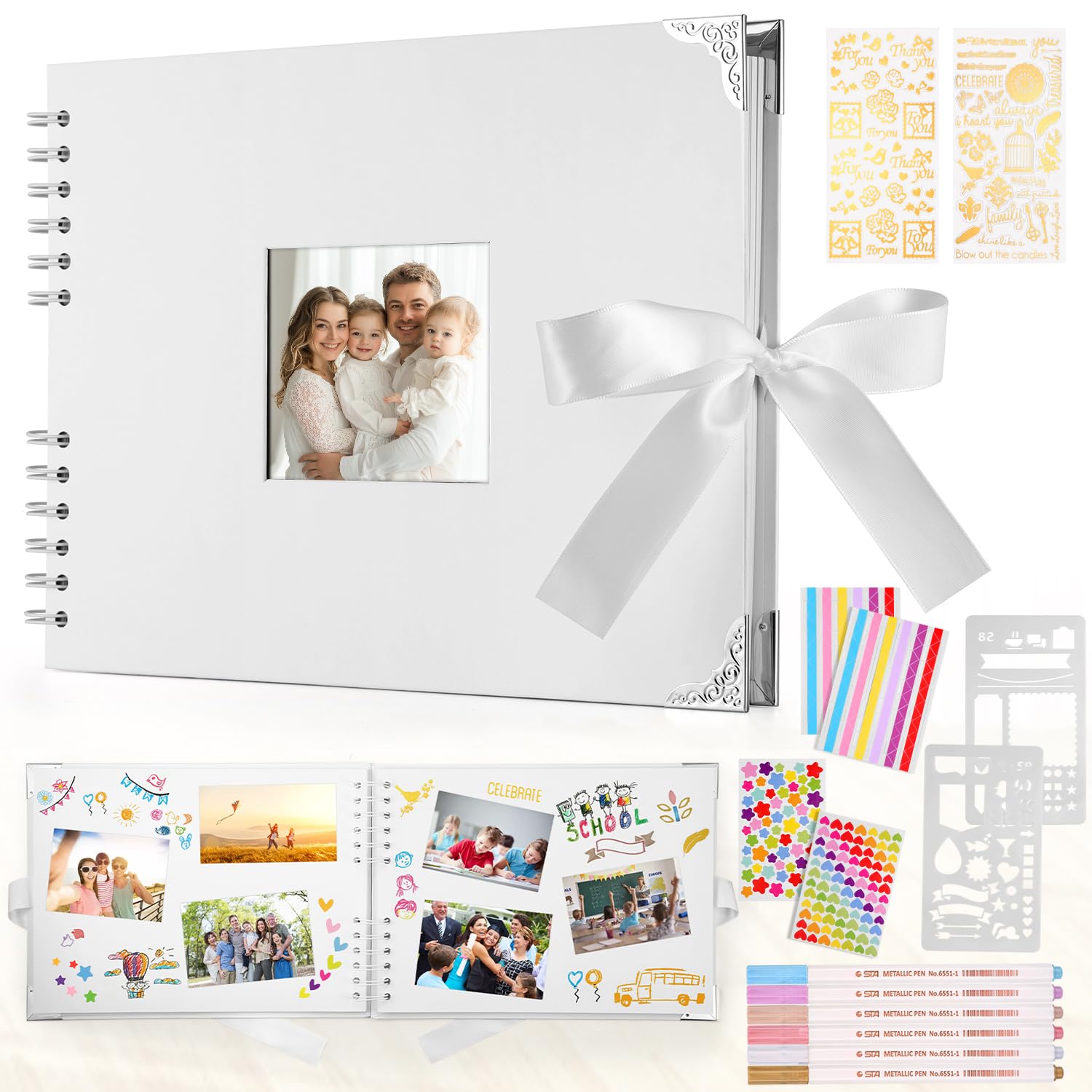 DazSpirit Scrapbook Photo Album - 80 Page DIY Memory Book, Interchangeable Cover, 160 Photo Capacity with Metal Pens, Stickers & Templates - Perfect for Weddings, Travel, Baby Milestones (White)