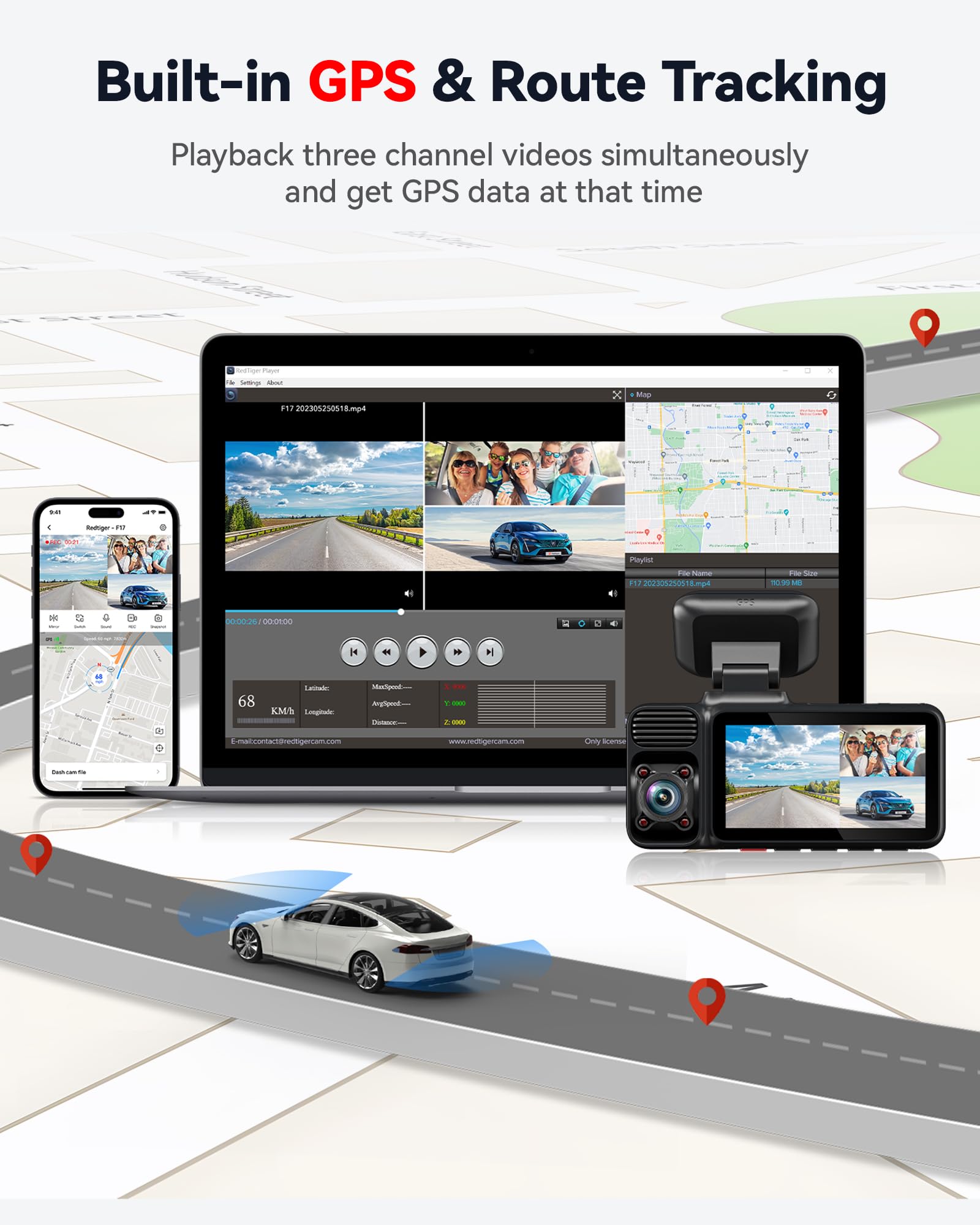 REDTIGER F17 4K 3 Channel Dash Cam, 5GHz WiFi Built-in GPS with 64GB Card, 2160P+1080P+1080P Front and Rear Inside, Triple Car Camera with 3 Inch Screen, IR Night Vision, G Sensor, WDR, Parking Mode