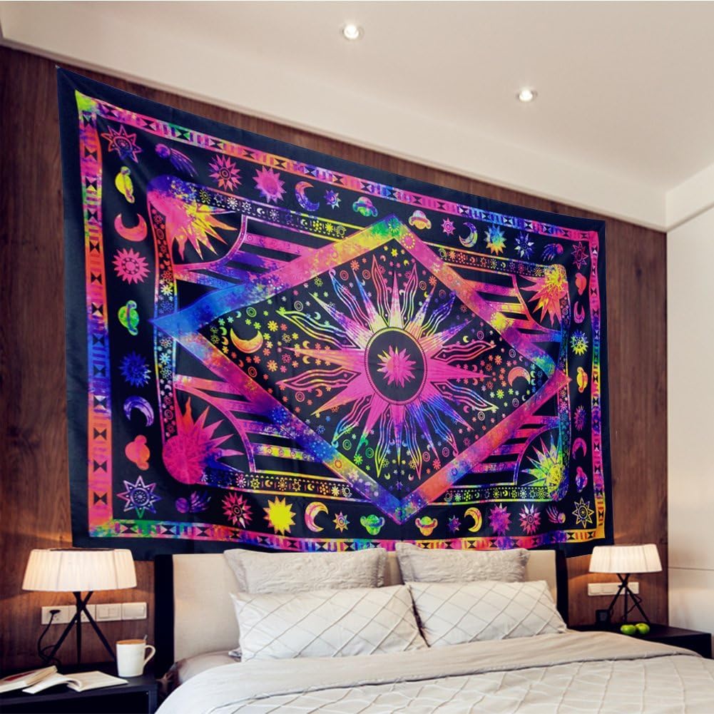 Racunbula Tapestry Psychedelic Celestial Sun and Moon Tapestry Bohemian Stars Planet Wall Tapestries Tie Dye Purple Burning Sun Tapestry Galaxy Mandala Boho Hippie Tapestry Wall Hanging