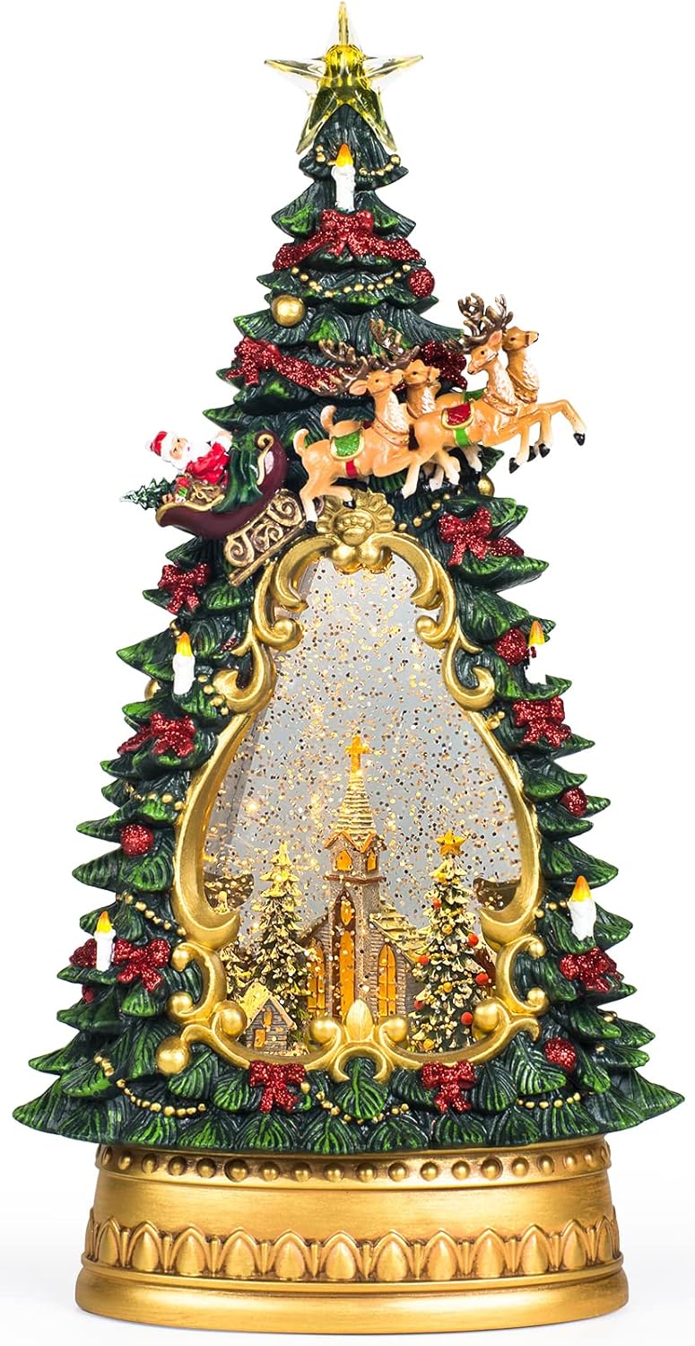Snow Globes - 14 Inch Snow Globe Christmas Tree Figurine Lantern Musical Lighted Water Church in Swirling Glitter Decorations Lantern for Holiday Season Home Decor