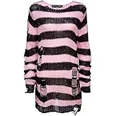 Peaceglad Womens Oversized Goth Punk Ripped Striped Long Sleeve Pullover Sweater Dress Tops