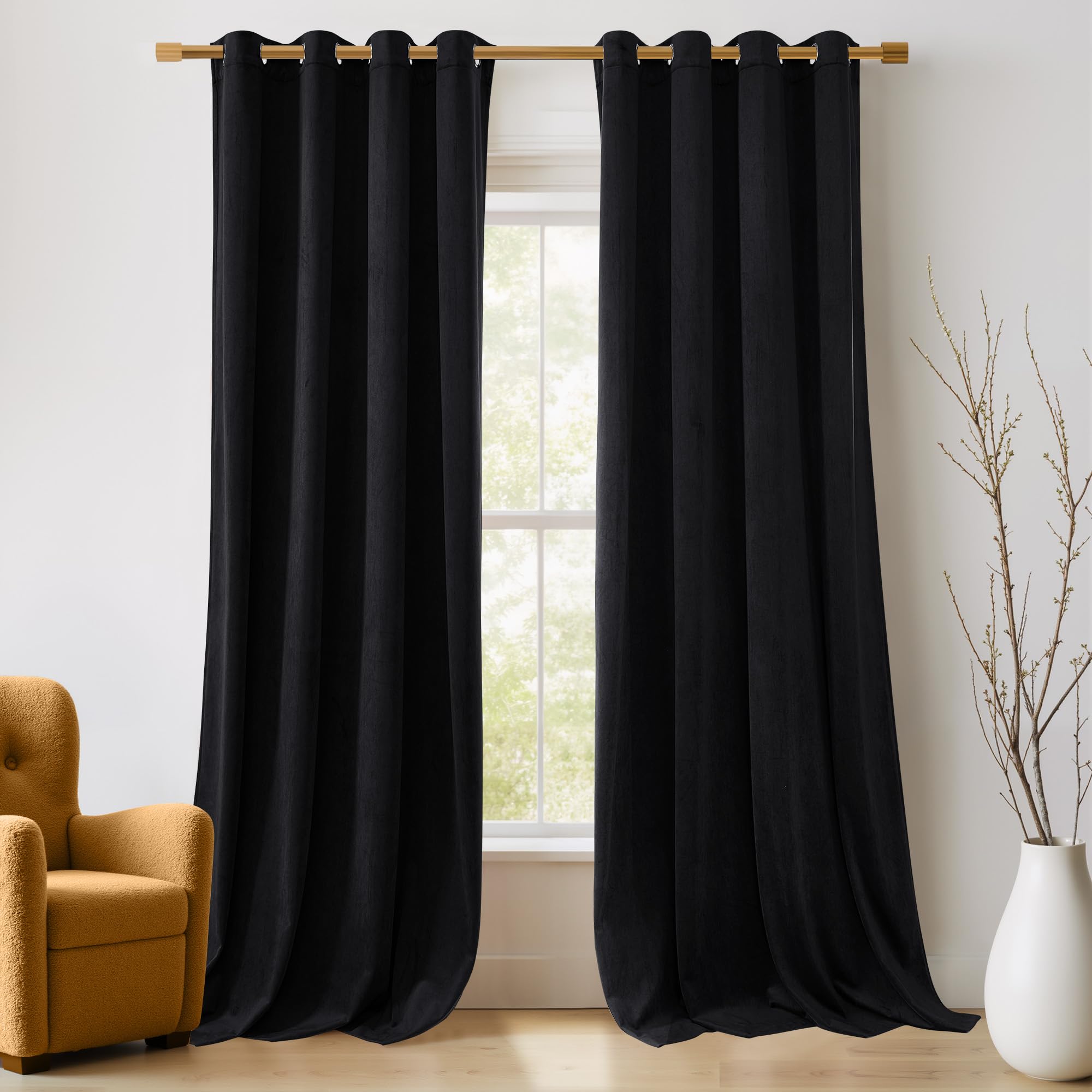 NICETOWN Halloween Black Velvet Curtains, Media Movie Theater Room Decor, Luxury Velvet Blackout Window Treatment Drapes, Classic Velvet Woven Home Theater Ring Top Drapes (Set of 2, W52xL84 inches) Image NICETOWN Halloween Black Velvet Curtains, Media Movie Theater Room Decor, Luxury Velvet Blackout Window Treatment Drapes, Classic Velvet Woven Home Theater Ring Top Drapes (Set of 2, W52xL84 inches) Image
