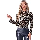 Allegra K Women's Glitter Sheer Mesh Tops Mock Neck Long Sleeve Sexy Shirt See Through Blouses