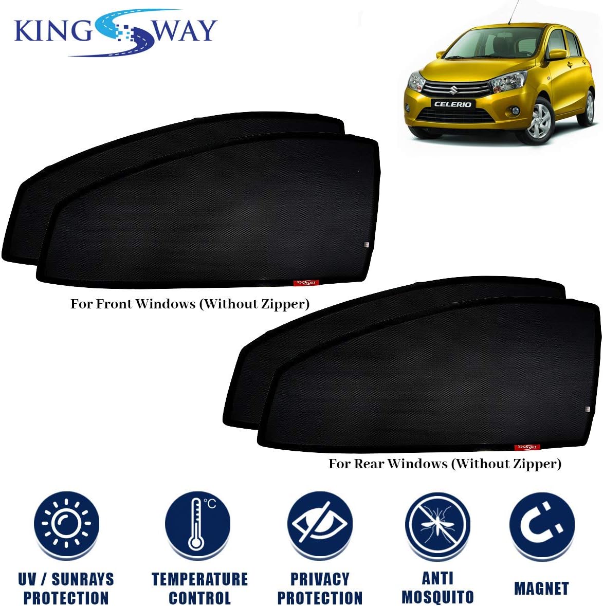 Kingsway Car Curtain Sun Shades Magnetic for Maruti Suzuki Celerio, Model Year : 2014-2021, Full Window Cover, Color : Black, Cotton Mesh, Complete Set of 4 Piece