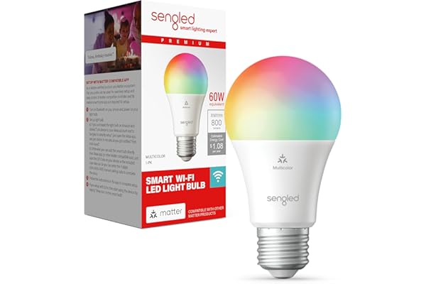 Sengled LED Smart Light Bulb (A19), Matter-Enabled, Multicolor, Works with Alexa, 60W Equivalent, 800LM, Instant Pairing, 2.4 GHz, Wi-Fi, 1-Pack