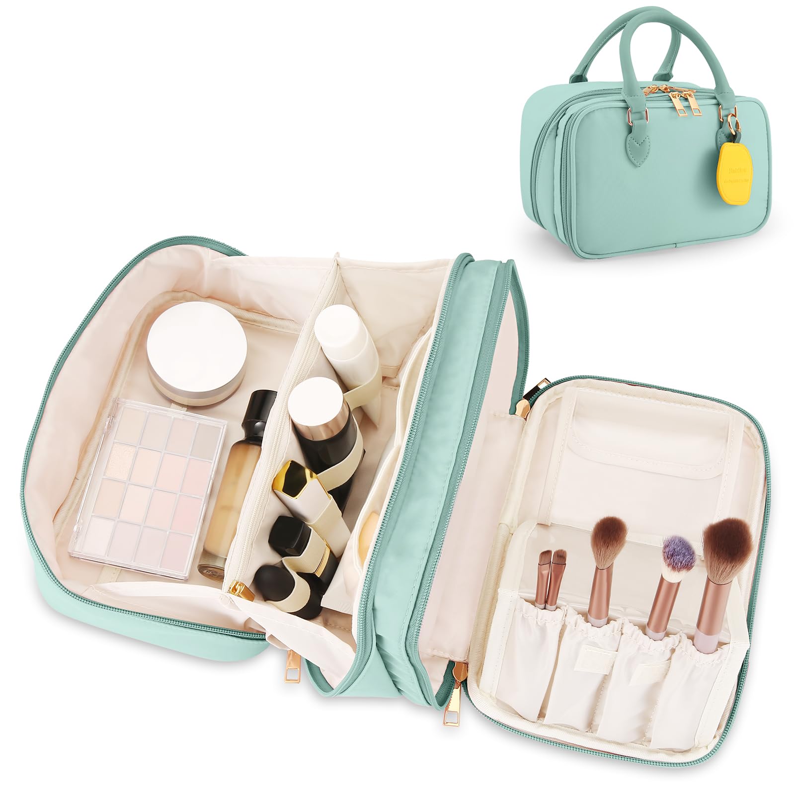 Photo 1 of Travel Makeup Bag for Women Fashion Large Capacity Pouch Open Flat Cosmetic Portable Organizer Waterproof Large Opening Storage Toiletry Bags Vertical Free-Standing Brush Holder for Easy Access Blue