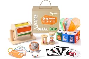 Toyssa Montessori Toys for Babies 0-6 Months, 6 in 1 Wooden Learning Educational Sensory Toys with Spinning Drum & Tissue Toys & Baby Rattle & Flash Card, Birthday Gifts for Babies Boys Girls