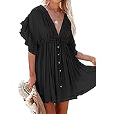 Beautiful Nomad Women's Summer Beachwear Cover Up V Neck Ruffle Short Sleeve Pleated Boho Swimwear Dress