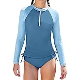 Oranchids Girls Rash Guard Swimsuit Long Sleeve Swimsuit Two Piece Color Block Ruched Bathing Suit Zip Girls' Swimwear 7-14Y