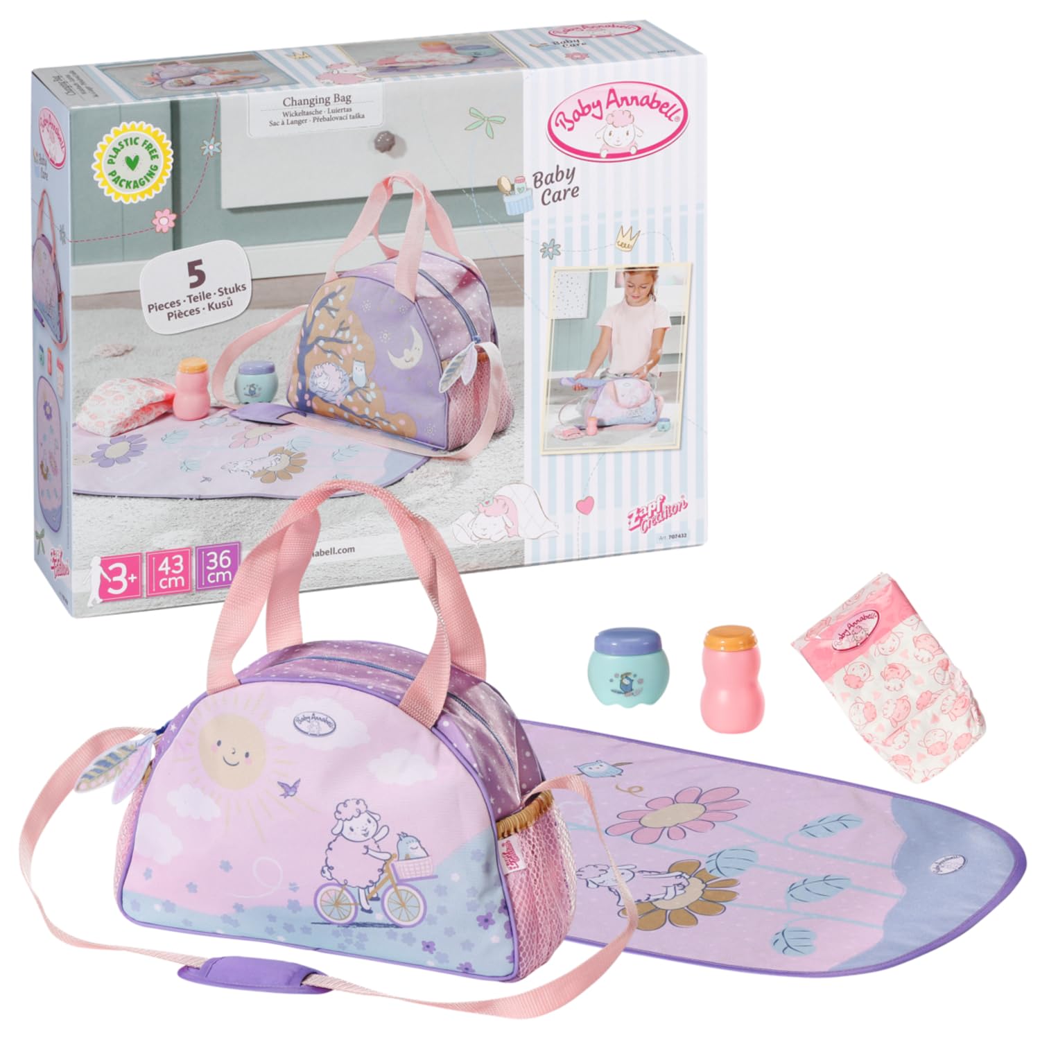 Baby Annabell Changing Bag 707432 - Storage Bag with Straps To Fit 36cm and 43cm Essentials - Doll Not Included - Suitable for Kids From 3+ Years