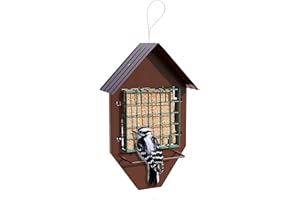 MEKKAPRO Suet Wild Bird Feeder with Hanging Metal Roof, Two Suet Capacity, Bird Feed Recommended (House with Single Feeder)