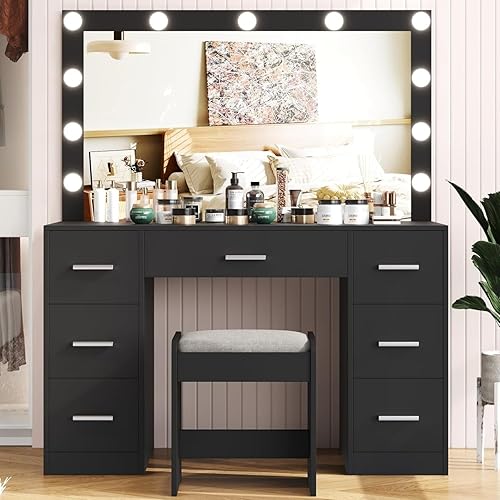 Irontar Vanity Desk with Stool, Makeup Table with Lighted Mirror, 3 Color  Lighting Modes, Brightness Adjustable, Dressing Table with Drawers, Bedroom Vanity  Table Set for Women, Black in Dubai - UAE |