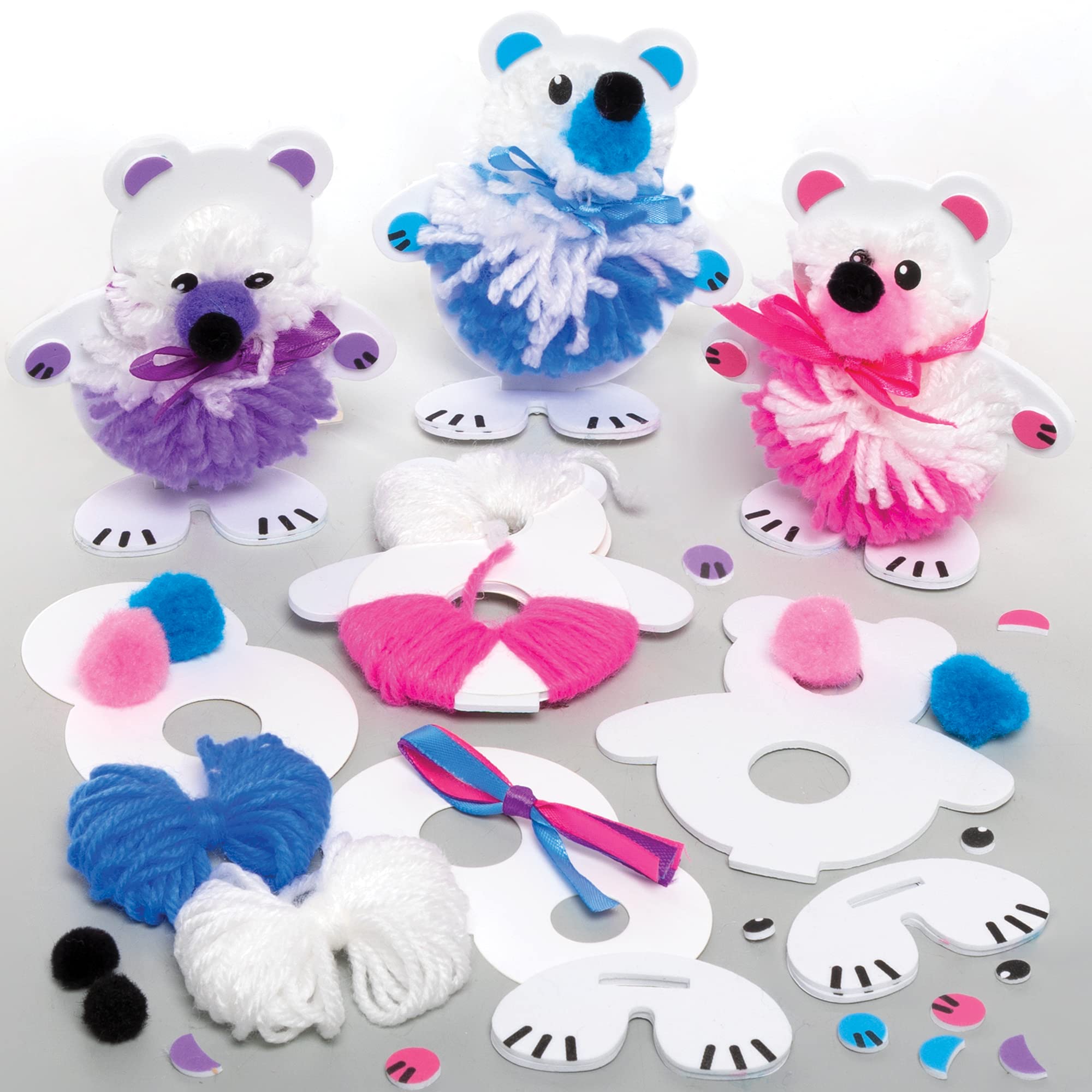 Baker Ross FE974 Snow Bear Pom Pom Decoration Kits - Pack of 3, Christmas Crafts, Pom Pom Decorations for Children to Make, Decorate and Display, Creative Activities for Kids