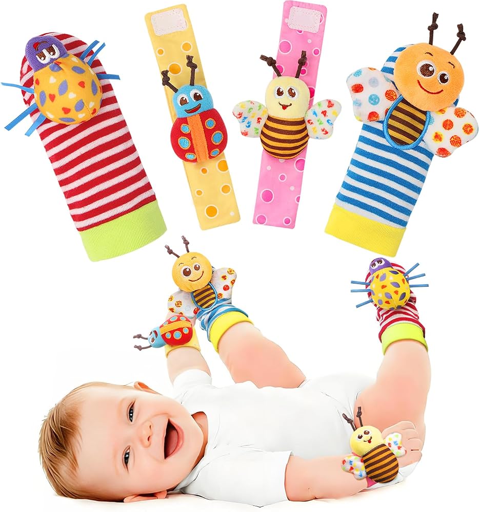 Bloobloomax Wrist Rattle Socks and Foot Finder Set, Baby Girl Boy Toys | Sensory Toys for Infant 0-36 Months, Newborn Hand &