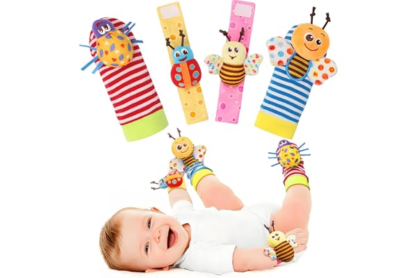 Bloobloomax Wrist Rattle Socks and Foot Finder Set, Infant Girl Boy Toys for Babies 0-36 Months, Newborn Hand & Foot Toys for 0 to 3 Years, Baby Shower Gifts Set Easter Basket Stuffer