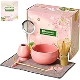Maestri House Pink Matcha Whisk Set, 7-Pc Complete Matcha Kit with Spouted Ceramic Bowl, Bamboo Whisk and Holder, Scoop, Spoon Rest & Sifter, Tea Cloth – Ideal Gift for Matcha Lovers (Pink)