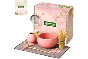 Maestri House Pink Matcha Whisk Set, 7-Pc Complete Matcha Kit with Spouted Ceramic Bowl, Bamboo Whisk and Holder, Scoop, Spoon Rest & Sifter, Tea Cloth – Ideal Gift for Matcha Lovers (Pink)