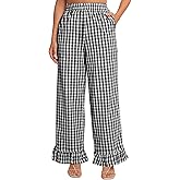 Flygo Women's Gingham Pants Y2K Cotton Wide Leg Ruffle Hem Lounge Pants Plaid Elastic Wasited Trouser with Pockets