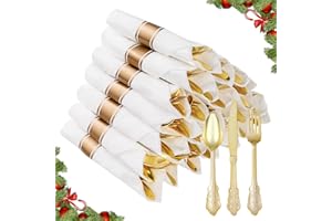 Bestluck 25 Pack Gold Plastic Silverware with Pre Rolled Napkins for 25 Guests, Heavyweight Gold Disposable Utensils Sets Includes 75 Plastic Cutlery, and 25 Napkins for Christmas