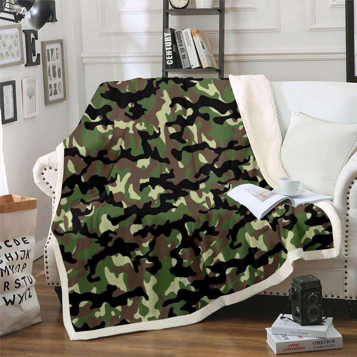 Tbrand Camo Sherpa Force Hidden Armygreen Fleece Throw Blanket Retro Camouflage Pattern Print Plush for Sofa Bed Couch Double 60x79 Inch Size