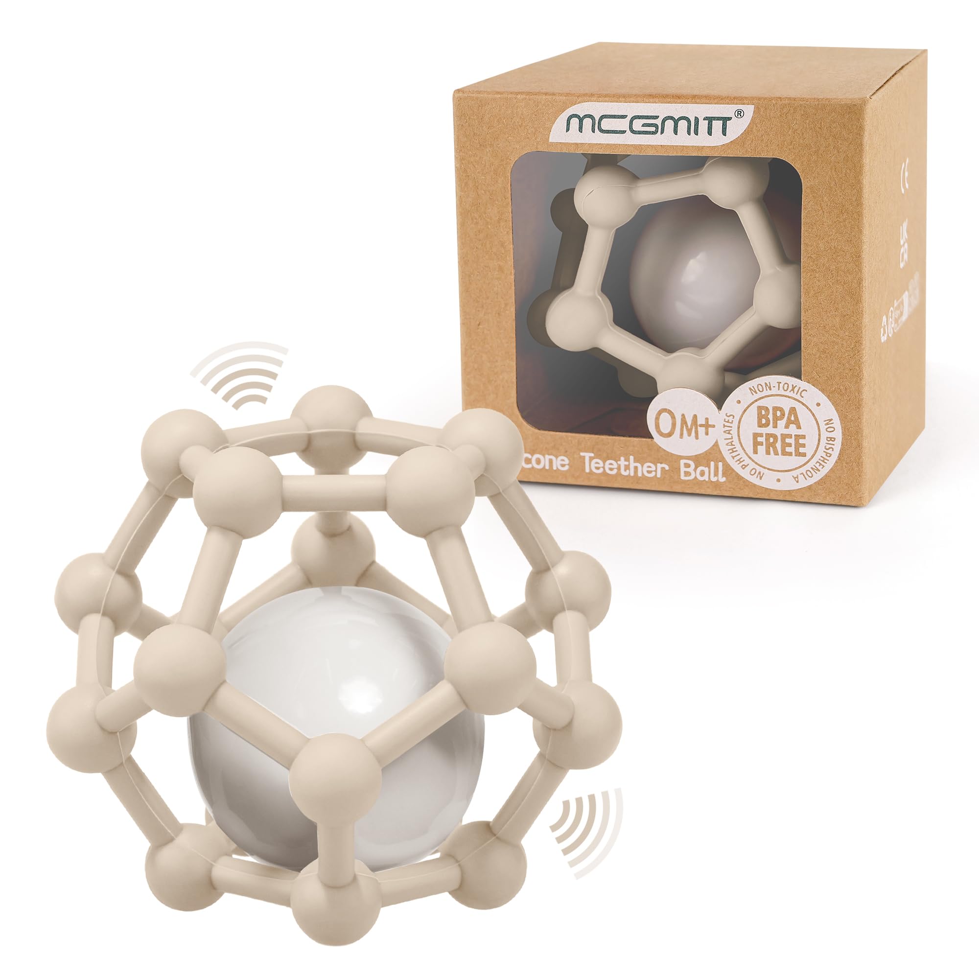 MCGMITT Baby Rattle Teething Ball Toys for Babies 0 3 6 9 12 Month to Grab and Chew, Soft Silicone Sensory Teether Balls Shaker Toy Gifts for Newborn Infants (Beige)