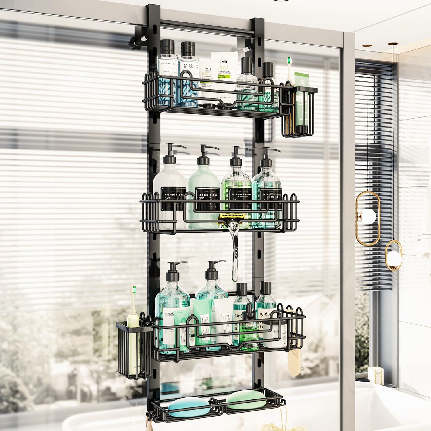 Photo 1 of HapiRm 4 Tier Over the Door Shower Caddy, Hanging Shower Caddy with 22 Hooks and 2 Toothbrush Holders, No Drilling Adjustable Hanging Bathroom Organizer - Black