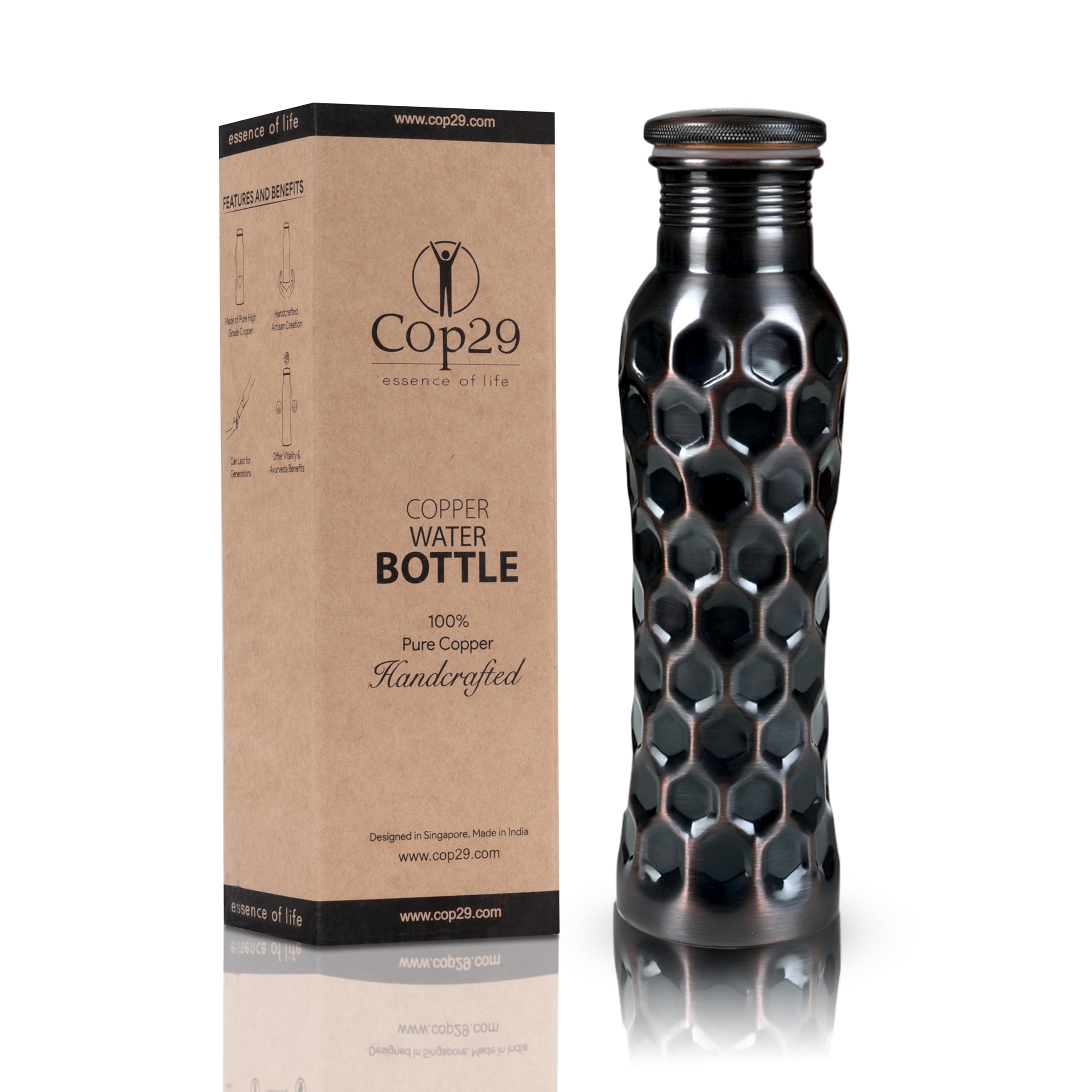 Cop29 Fairy Copper Antique Honeycomb Water Bottle- 30oz / 900ml | A Handcrafted Leak Proof Ayurvedic Pure Copper Vessel | Ideal for Hydration, Sports, Yoga & Daily Use | Enjoy the Health Benefits