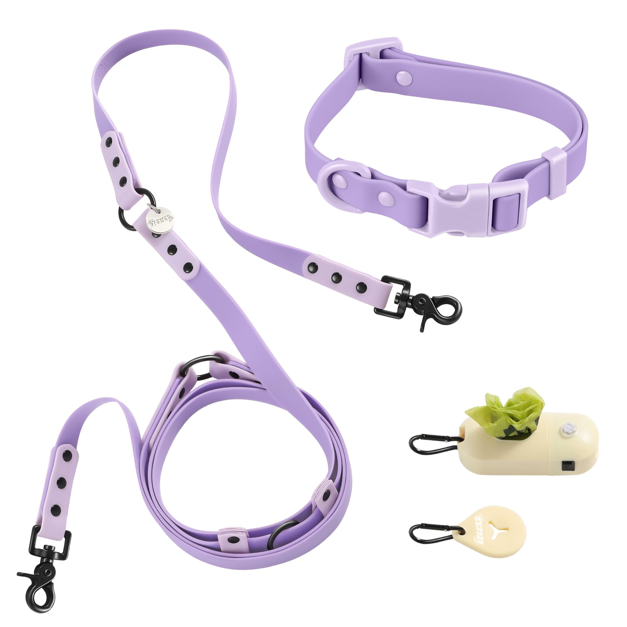 The LICKER Store WLK1004H-5SET Luna Small 8FT Adjustable 6-in-1 Waterproof Hands-Free Leash and Collar with LED Flashlight, Bag Dispenser, and Poop Bag Holder, Bramble
