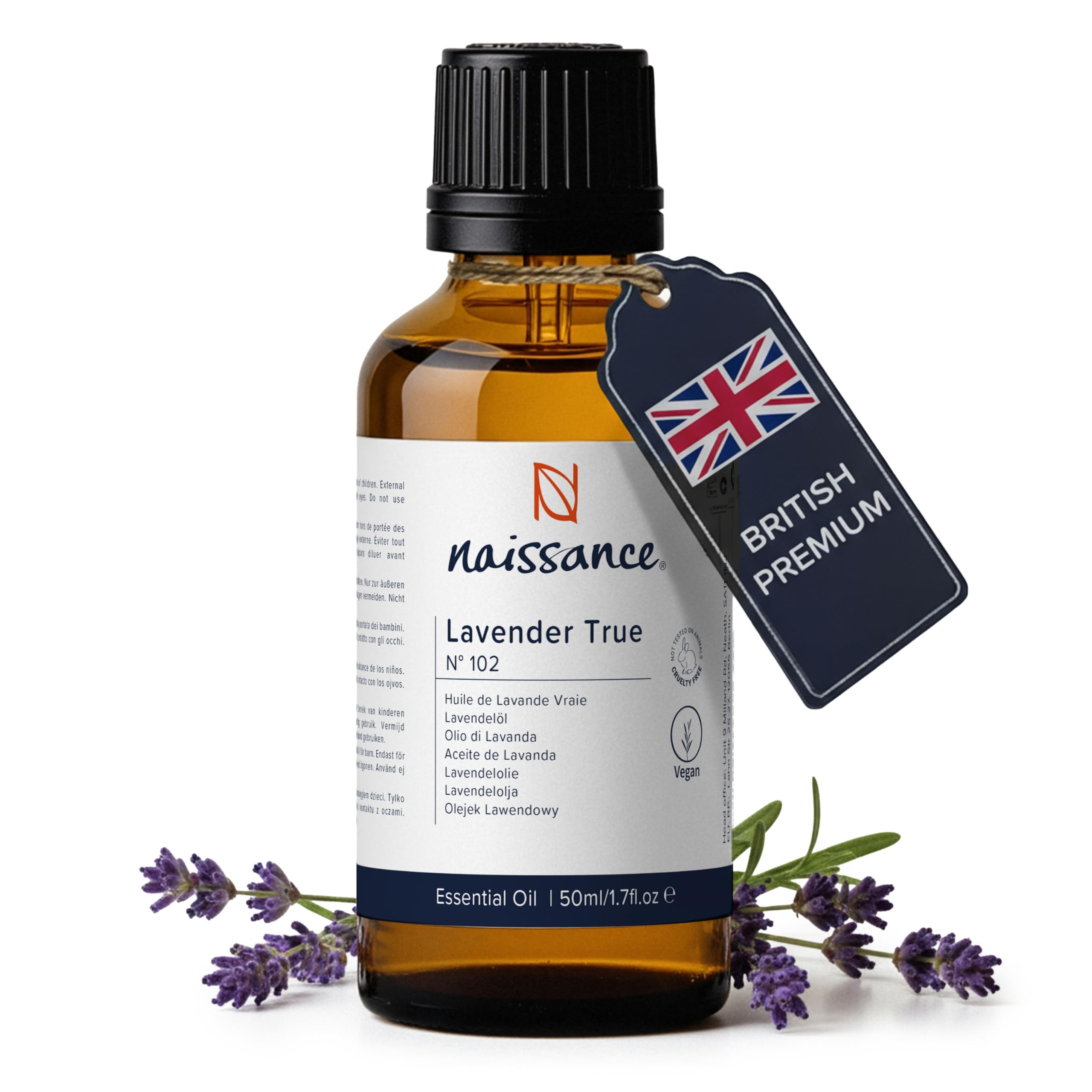 Naissance True Lavender Essential Oil (No. 102) 50ml - Pure, Natural, Cruelty Free, Vegan, Steam Distilled and Undiluted - Relaxing & Soothing - for Diffusers, Aromatherapy & Massage Blends