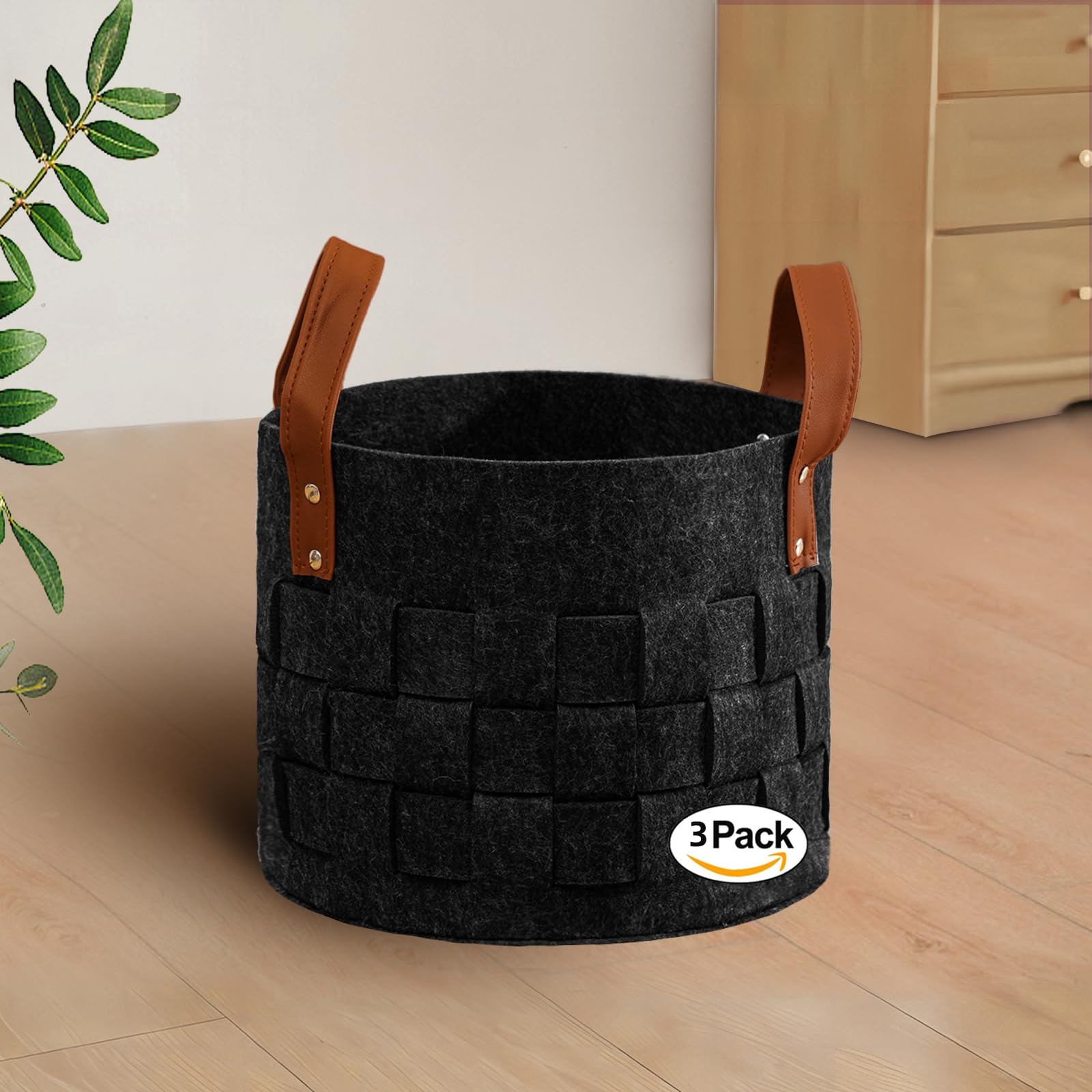 Photo 1 of BOLDMONKEY Storage Baskets for Shelves 3 Pack, Medium 11" x11 " x9.5" Round Decorative Storage Basket Felt with Leather Handle, Soft Clothes Basket for Socks, Neckties Organizer-Dark Gray