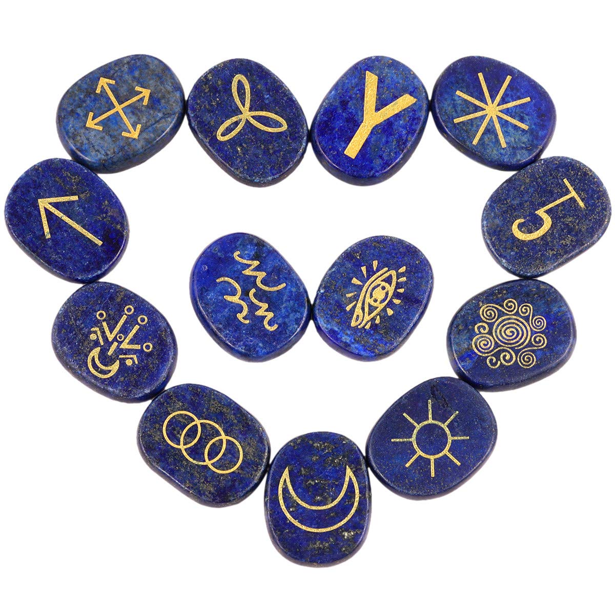 KYEYGWO Lapis Lazuli Witches Runes Set, Rune Stones with Engraved Gypsy Wiccan Pagan Symbol for Divination Meditation Healing