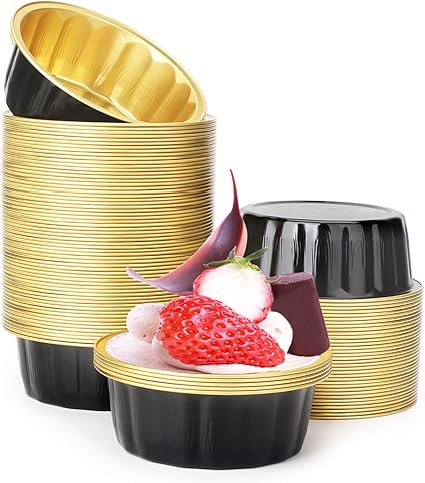 Amazon Beasea 使い捨てベーキングラメキン 8オンス 100パック 3 9インチ アルミホイルカップ ベイクユーティリティラメキンカップ スフレカップ マフィン カップケーキ ベーキングカップ ミニプディングカップ パーティー ウェディング 誕生日 ブラックゴールド