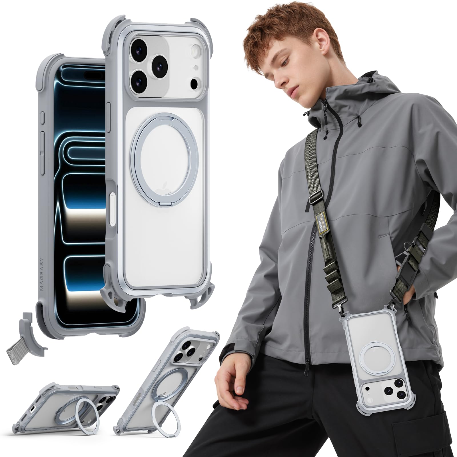Photo 1 of MAGEASY Compatible with iPhone 17 Pro Max 6.9" Case with 360° Stand - 25ft Ultimate Drop Protection, Work with MagSafe, Crossbody Utility Strap, Aluminum Frame | Odyssey Ultra M (Mist)