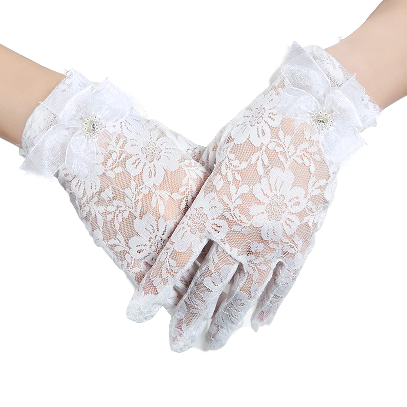 AWOCAN Women's Lace Elegant Short Gloves Courtesy Summer Gloves for Wedding Party and Tea Party 1920s Vintage Costumes (white)