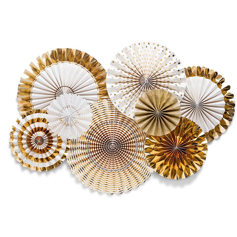Cytecedx Set of 8 Party Decoration Gold Paper Fans Hanging Paper Flowers Wall Decor Paper Rosettes Decoration for Party Wedding Birthday Festival Christmas Event Carnival