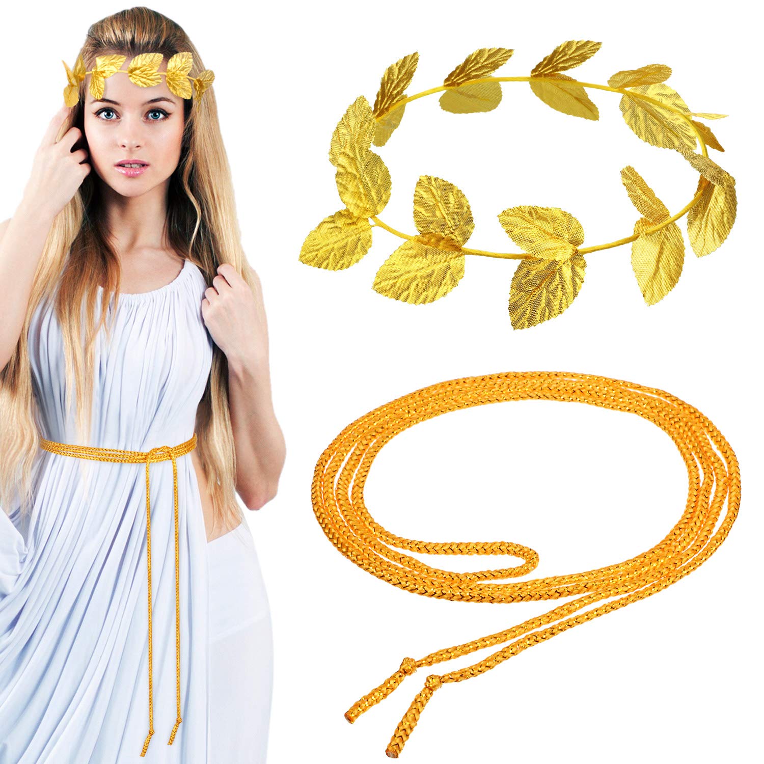 2 Pieces Halloween Toga Headband Roman Wreath Greek Crown Headpiece with 2 Pieces Halloween Roman Rope Belt Costume for Women Men Headdress Party Decoration