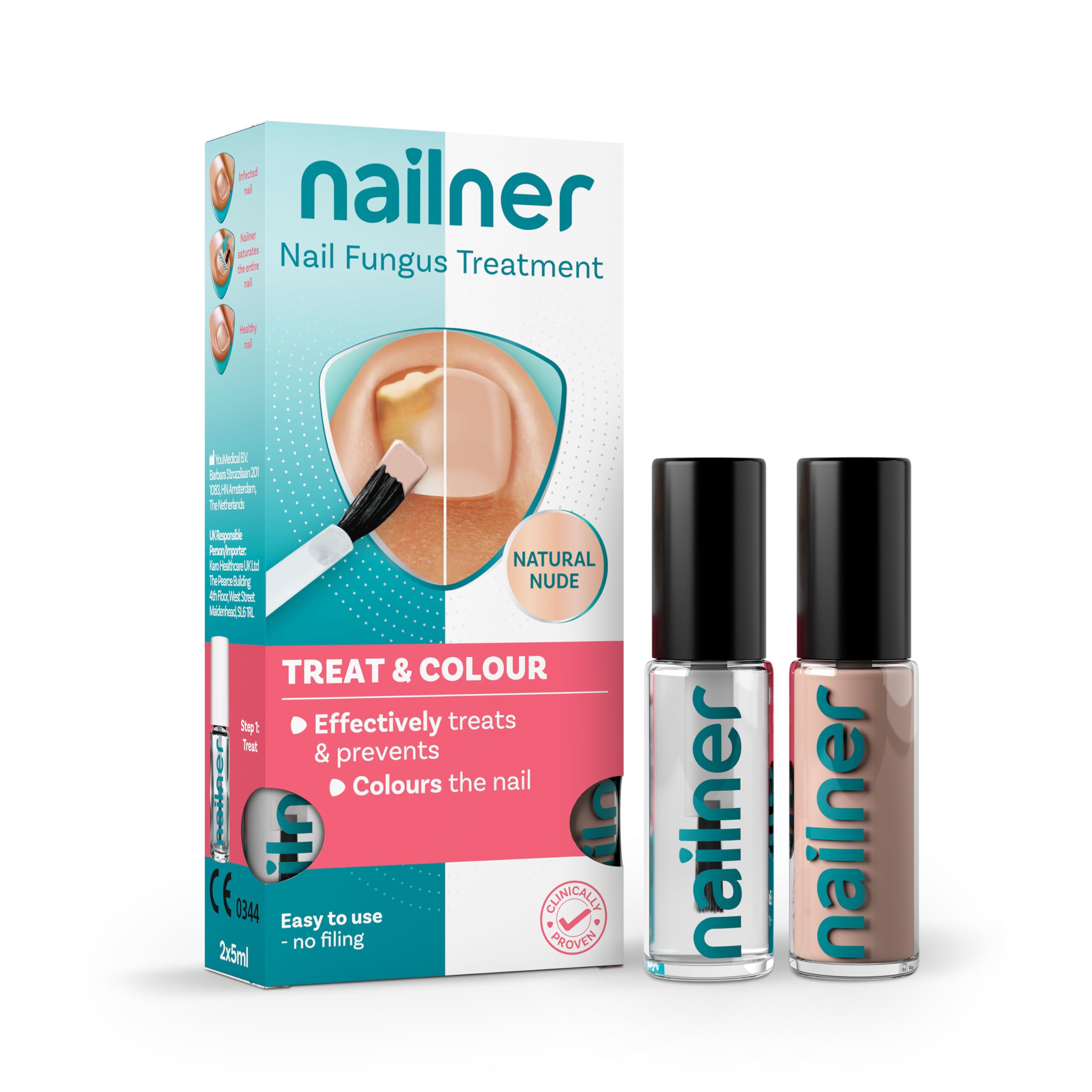 Nailner Treat & Colour Anti Fungal Nail Treatment Brush 2 x 5 ml Duo Pack for Toenails and Breathable Nail Varnish - Conceal, Treat & Prevent Fungus Nail Infection - Nude Pink