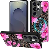 MOWIME Magnetic for Samsung Galaxy S25 Ultra Case with Finger Strap Kickstand, Compatible with Magsafe, Cute Flowers Leopard Cheetah Print Phone Case for Women Men Full Camera Protection Cover, Black