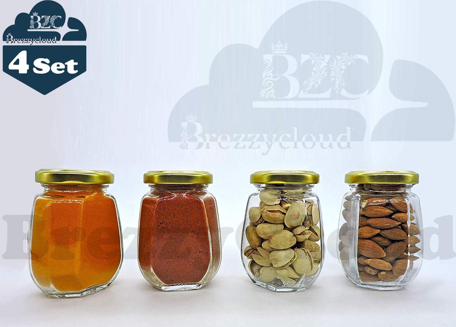 Brezzycloud Set of 4 Watch-Through 250ml Glass Jar with Airtight Snug Seal and Rustproof Metal Lid | Gift for Family and Friends | Glass jar for Gift | Glass Jar for Spices and Honey (4, 250ml)