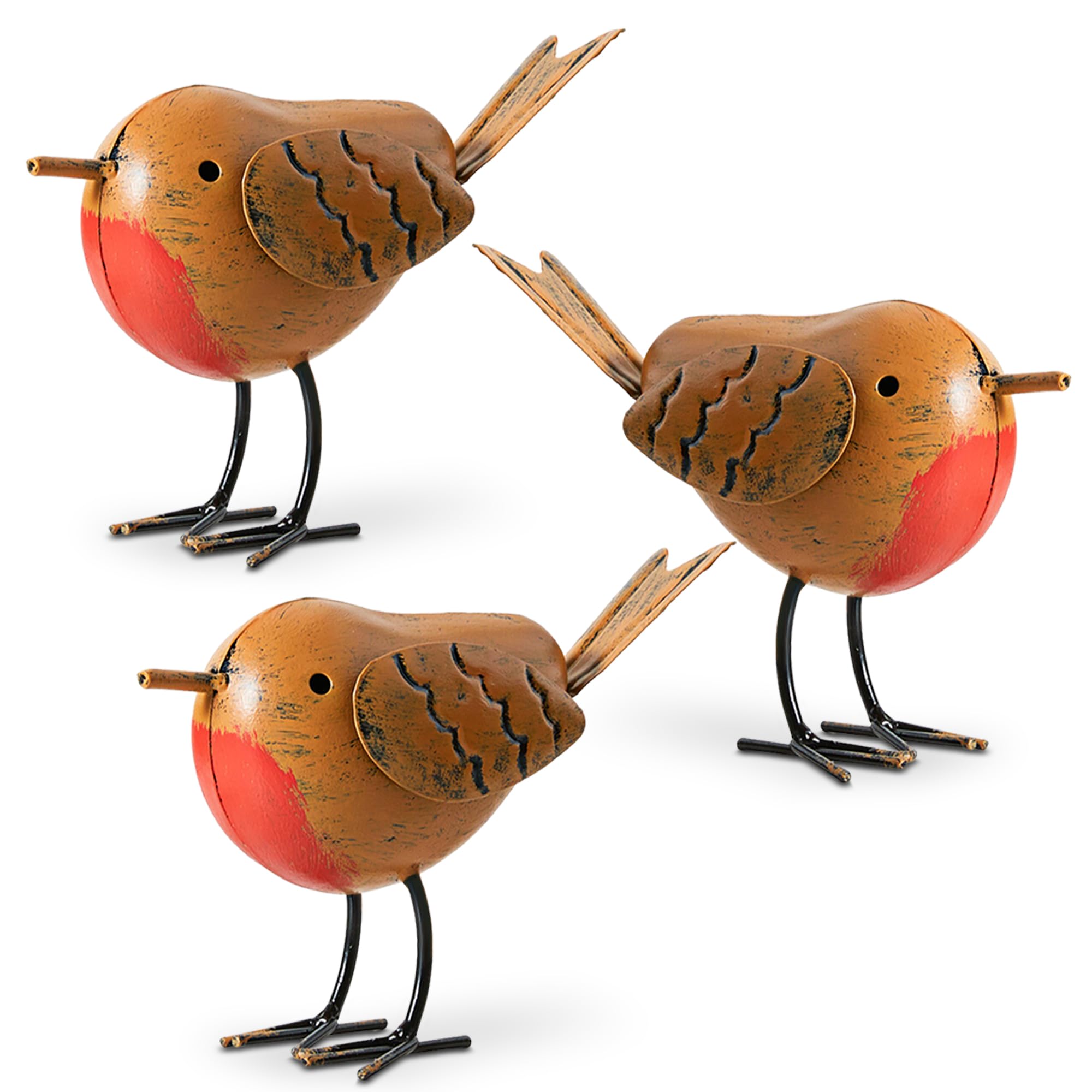 3pc Decorative Red Robin Ornaments for Garden Decorations - Metal Robin Garden Ornaments Outdoor Statues - 3 Small Metal Outdoor Bird Statues