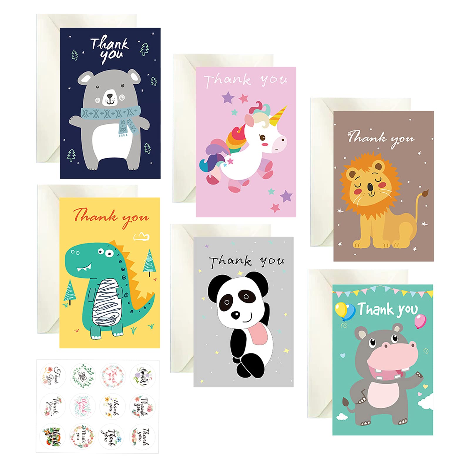 Thank You Cards Pack, 12Pcs Animal Thank You Greeting Cards with 12Pcs Stickers and 12Pcs Envelopes, Kids Thank You Cards for Teacher Birthday Children Weddings Baby Shower(6 Design)
