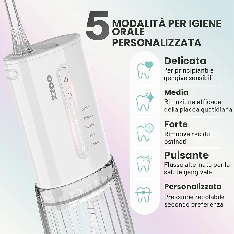 Idropulsore da viaggio, irrigatore orale tascabile senza fili, 5 modalità di pressione, 6 ugelli, design compatto ricaricabile tramite USB, irrigatore orale portatile per denti (Cloud)