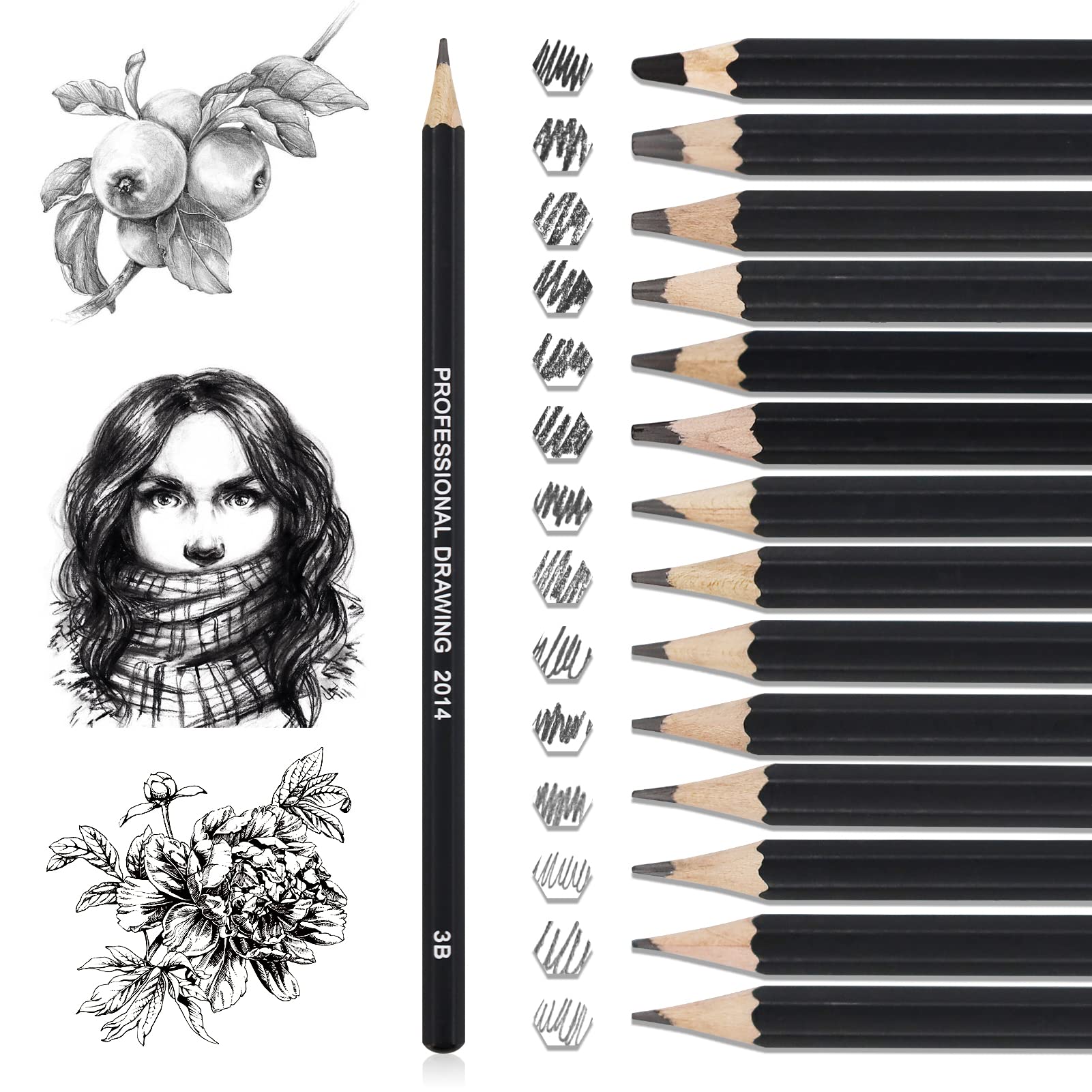 14 Pcs Drawing Pencils 12B, 10B, 8B, 7B, 6B, 5B, 4B, 3B, 2B, B, HB, 2H, 4H, 6H, Sketching Pencils with Graphite Lead